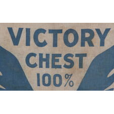 WWI BOND DRIVE FLAG WITH A WHIMSICAL & ARTISTICALLY COMPELLING EAGLE, PERCHED DIRECTLY ON THE LOWER EDGE OF THE TEXTILE, WITH WINGS UPSTRETCHED IN A “V” FOR “VICTORY,” CRADLING THE SLOGAN: “VICTORY CHEST 100%;” PRUSSIAN BLUE ON A WHITE GROUND; LIKELY MADE FOR THE 5th BOND SUBSCRIPTION, ISSUED MAY 20th, 1919