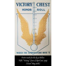 WWI BOND DRIVE FLAG WITH A WHIMSICAL & ARTISTICALLY COMPELLING EAGLE, PERCHED DIRECTLY ON THE LOWER EDGE OF THE TEXTILE, WITH WINGS UPSTRETCHED IN A “V” FOR “VICTORY,” CRADLING THE SLOGAN: “VICTORY CHEST 100%;” PRUSSIAN BLUE ON A WHITE GROUND; LIKELY MADE FOR THE 5th BOND SUBSCRIPTION, ISSUED MAY 20th, 1919