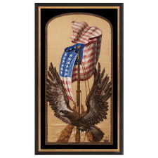 DRAMATIC, HAND-PAINTED, PATRIOTIC BANNER WITH A SCREAMING EAGLE, WINGS RAISED TO ENVELOPE A BILLOWING AMERICAN FLAG; HAND-PAINTED ON SATIN, IN THE POPULAR MANNER OF EARLY 20TH CENTURY ILLUSTRATORS; SIGNED “A. BUCCINI, N.Y.C.”, COPYRIGHTED & DATED 1918 (CLOSING YEAR OF WWI)