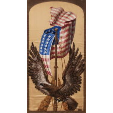 DRAMATIC, HAND-PAINTED, PATRIOTIC BANNER WITH A SCREAMING EAGLE, WINGS RAISED TO ENVELOPE A BILLOWING AMERICAN FLAG; HAND-PAINTED ON SATIN, IN THE POPULAR MANNER OF EARLY 20TH CENTURY ILLUSTRATORS; SIGNED “A. BUCCINI, N.Y.C.”, COPYRIGHTED & DATED 1918 (CLOSING YEAR OF WWI)