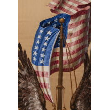 DRAMATIC, HAND-PAINTED, PATRIOTIC BANNER WITH A SCREAMING EAGLE, WINGS RAISED TO ENVELOPE A BILLOWING AMERICAN FLAG; HAND-PAINTED ON SATIN, IN THE POPULAR MANNER OF EARLY 20TH CENTURY ILLUSTRATORS; SIGNED “A. BUCCINI, N.Y.C.”, COPYRIGHTED & DATED 1918 (CLOSING YEAR OF WWI)