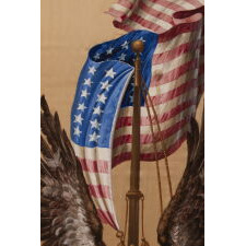DRAMATIC, HAND-PAINTED, PATRIOTIC BANNER WITH A SCREAMING EAGLE, WINGS RAISED TO ENVELOPE A BILLOWING AMERICAN FLAG; HAND-PAINTED ON SATIN, IN THE POPULAR MANNER OF EARLY 20TH CENTURY ILLUSTRATORS; SIGNED “A. BUCCINI, N.Y.C.”, COPYRIGHTED & DATED 1918 (CLOSING YEAR OF WWI)