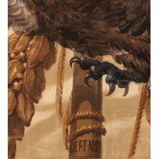 DRAMATIC, HAND-PAINTED, PATRIOTIC BANNER WITH A SCREAMING EAGLE, WINGS RAISED TO ENVELOPE A BILLOWING AMERICAN FLAG; HAND-PAINTED ON SATIN, IN THE POPULAR MANNER OF EARLY 20TH CENTURY ILLUSTRATORS; SIGNED “A. BUCCINI, N.Y.C.”, COPYRIGHTED & DATED 1918 (CLOSING YEAR OF WWI)