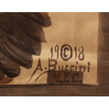 DRAMATIC, HAND-PAINTED, PATRIOTIC BANNER WITH A SCREAMING EAGLE, WINGS RAISED TO ENVELOPE A BILLOWING AMERICAN FLAG; HAND-PAINTED ON SATIN, IN THE POPULAR MANNER OF EARLY 20TH CENTURY ILLUSTRATORS; SIGNED “A. BUCCINI, N.Y.C.”, COPYRIGHTED & DATED 1918 (CLOSING YEAR OF WWI)