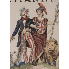WWI POSTER FEATURING UNCLE SAM AND LADY BRITANNIA, ARM-IN-ARM, ACCOMPANIED BY THE AMERICAN EAGLE AND BRITISH LION, ILLUSTRATED BY JAMES MONTGOMERY FLAGG TO COMMEMORATE BRITAIN’S DAY, DEC. 7TH, 1918
