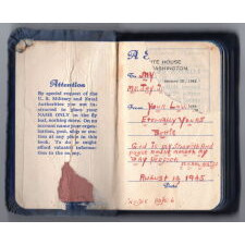 AMERICAN FLAG, 48 STARS, A U.S. NAVY SMALL BOAT ENSIGN FROM A WWII SUBMARINE, WITH ENDEARING WEAR FROM LONG-TERM USE; THE FLAG MADE IN JANUARY, 1944 AT MARE ISLAND, CALIFORNIA; BROUGHT HOME BY GUNNER’S MATE 2ND CLASS, JAY J. BURKINS OF LANCASTER COUNTY, PENNSYLVANIA
