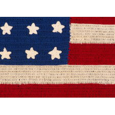 48 STARS ON A CROCHETED AMERICAN FLAG, PROBABLY MADE IN THE PATRIOTISM OF WWII (U.S. INVOLVEMENT 1941-1945), A BEAUTIFUL EXAMPLE WITH STRIKING COLORS, LARGER THAN TYPICAL IN SCALE, WITH AN INTERESTING, REPEATING, OPEN PATTERN ALONG THE HOIST, THROUGH WHICH A STAFF COULD BE THREADED